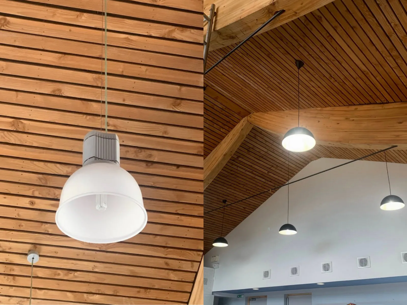 image avant / après du toît d'une mairie avec des suspensions LED